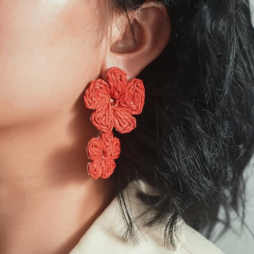 Boho Flower Earrings Statement Raffia Dangle Earrings Cute Floral Jewelry Trendy Summer Beach Vacation Outfits for Women - color: Red