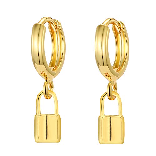XYJZXY Gold Huggie Small Hoop Earrings with Charm Personalized Snake/Evil Eye/Star/Cross/Lock/Key 18k Gold Plated Crystal Drop Dangle Earrings for Women - style: Lock