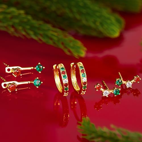 3 Pairs Dainty Small 4th of July Earrings for Women Trendy, Birthstone Stud Huggie Hoop Jacket Stack for Cartilage Helix, Gold Plated Hypoallergenic Cute Women Fashion Accessories Western Jewelry Gifts - color: Christmas Earrings(Gold Red White Green)
