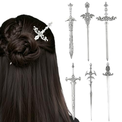 6PCS Gothic Sword Hair Pins for Women, Metal Hair Sticks Set, Fantasy Decorative Hair Pins for Bun Updo, Medieval Renaissance Hair Accessories, Hair Sticks for Long Thick Hair - color: Design-11