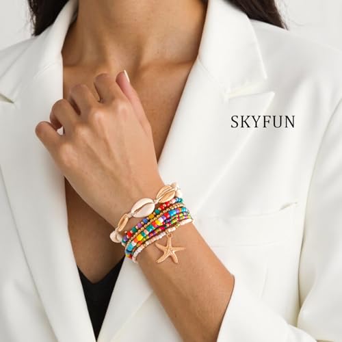 Beach Bracelets for Women Bohemian Stackable Heishi Surfer Bracelet Set Elastic Seashell Starfish Boho Friendship Bracelets for Summer Beach Party Holiday Vacation Jewelry - color: 7PCS-Colorful