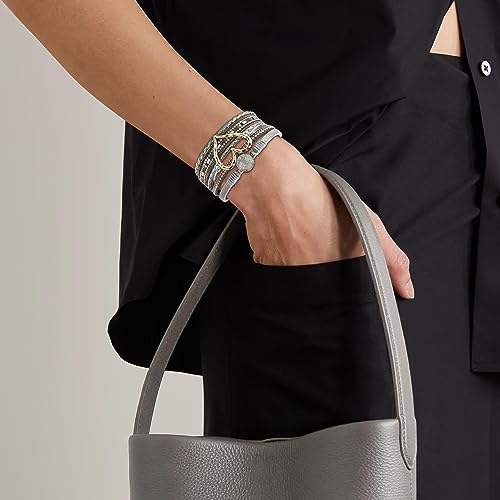 Long tiantian Leather Bracelets for Women Warp Bracelet Stackable Boho Layered Bracelet Chunky Heart Trendy Birthday Gifts for Her - color: B25:2 Layered Bracelets Set for Women(Silver)