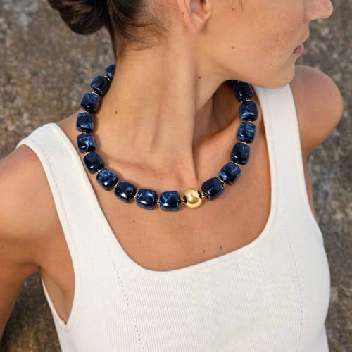 Summer Jewelry Square Chunky Beaded Necklace for Women Trendy Statement Colorful Beach Acrylic Resin Bead Punk Y2k Choker Necklaces Boho Charm Fashion Accessory Jewelry - color: Navy1