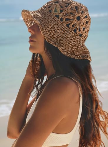 Handmade Women's Crochet Straw Bucket Hat Packable Daisy Beach Cap | Adjustable Inner Drawstring, Airy Lightweight Paper Fiber, Face Shade, Easy Storage, Feminine Openwork Floral Style - color: Brown
