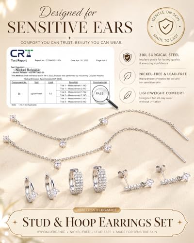 LOYALLOOK Hypoallergenic Flat Back Stud Hoop Earrings for Women, 14K Gold Plated Surgical Steel Earring Stacks Set for Sensitive Ears, Dainty Dangle Chain Silver Cartilage Earring Trendy Piercing Jewelry - color: Silver-chain