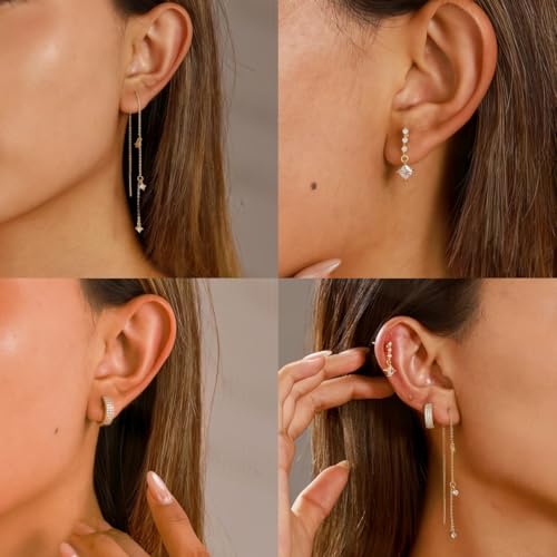 Trendy Zircon Tassel Chain Threader Earrings Set for Women Chain Dangle Earrings Dainty Rhinestone Hoop Earrings Set for Women Stack Jewelry Long Drop Ear Line - color: Gold-one ear-B