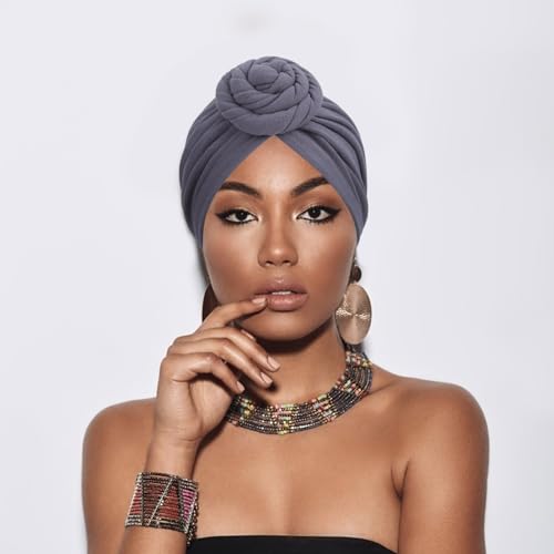 African Women Turban Caps Pre-Tied Twisted Turbans Head Scarf for Women Hair Wraps Cover Beanie Cancer Chemo Headwear - color: 1 Pack Flower: Grey