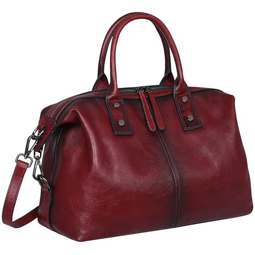 Iswee Genuine Leather Satchel Tote Bag Top Handle Handbag Designer Shoulder Bag Large Capacity Cross Body Bag - color: Wine