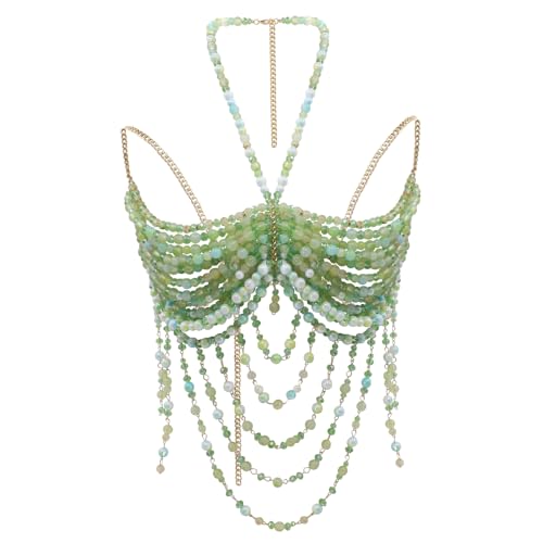 Handmade Beads Body Chain, Mermaid Top Rave Outfit Body Jewelry, Mermaid Costume, Beaded Bra Bralette Bead Waist Body Jewelry for Women for Boho Festival Clubbing - color: green