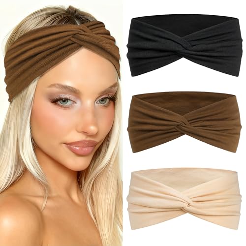 3 Pack Boho Headbands for Women Short Twist Hair Bands Stretchy Non Slip Cross Head Bandana Workout Hair Scarf Accessories - color: Black,Khaki and Coffee