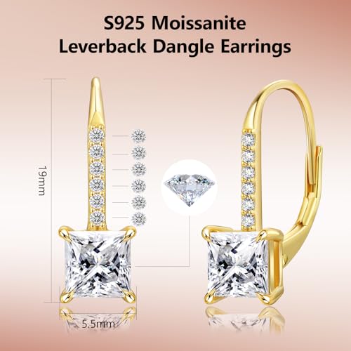 KRKC Moissanite Earrings, 1.0ct-2.0ct D Color Lab Created Diamond Earring, 14k White Gold Plated Sterling Silver Dangle Earrings S925 Leverback Drop Earring for Women Hypoallergenic Jewelry for Gifts - color: Princess-Gold-5.5mm