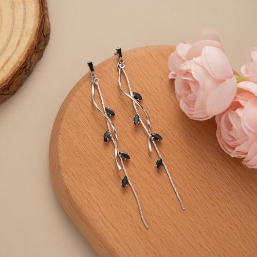 Temperament Long Zircon Tassel Earrings for Women Charm Jewelry Sparkling Crystal Leaves Twist Dangle Earrings for Friends - color: Silver-Black Leaves
