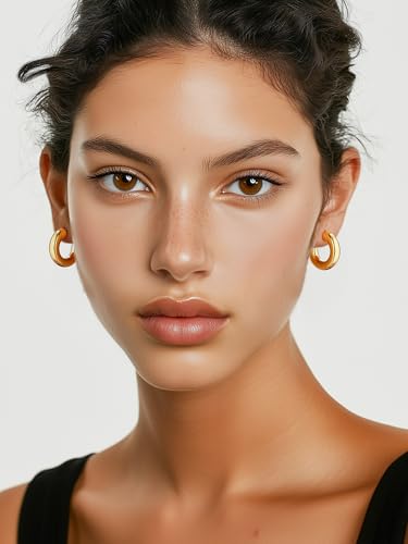Stainless Steel Chunky Hoop Earrings For Women, Minimalist and Chic, Black/Gold Plated, Round Hoops Earrings Hypoallergenic, Size: 30mm/40mm/60mm/80mm, Come with Box - color: 2. Gold, size: 20MM