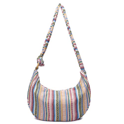 Women Hippie Crossbody Bag cloth boho Sling Bag Canvas Bohemian Hobo Hand Bags - color: Off-white