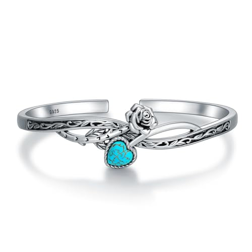 Genuine Turquoise Bracelet Cuff Bracelet for Women Mom 925 Sterling Silver Natural Turquoise Bangles Vintage Bracelet Boho Jewelry for Birthday Christmas Mother's Day Valentine's Day - style: Rose