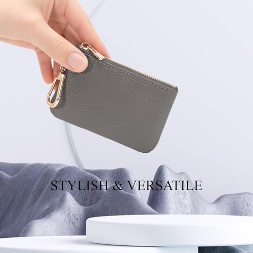 Full Grain Leather Coin Purse with Key Chain - Small Change Purse Keychain Card Holder Keychain Pouch Small Keychain Wallet for Women and Men (Gray) - color: Gray, Regular Size