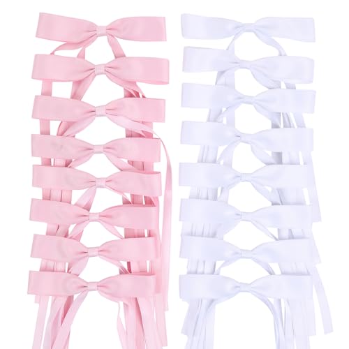 WORTL Hair Bows Clips Coquette Ribbon Bowknot with Long Tail Princess Hair Bows French Barrettes Hair Accessories for Women Girls 16PCS (Pink, White) - color: Pink, White