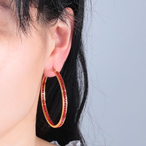 CiNily Mult-colors Crystal Stainless Steel Hoop Earring for Women Hypoallergenic Jewelry for Sensitive Ears Large Big Hoop Earrings 2" - color: Gold-Red CZ