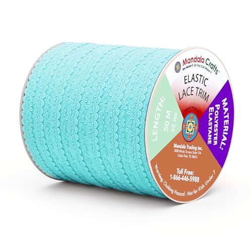 Mandala Crafts Aquamarine Stretch Lace Soft Elastic Trim Roll - 55 Yards 1 Inch Wide Stretchy Frilly Picot Ribbon for Sewing Lingerie, Headbands, Underwear, and Crafts - color: Aquamarine