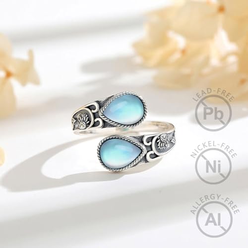 Vito 925 Sterling Silver Adjustable Open Spoon Ring for Women Men, Lotus Sunflower Snake Spoon Band Rings Feather Hug Witches Knot Inspirational Jewelry Gift for Wife - style: Sunflower Moonstonne