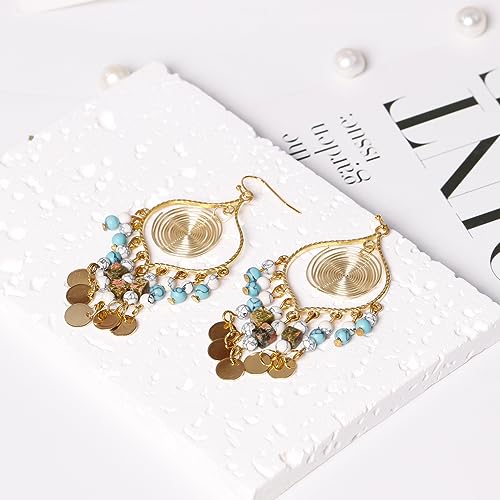Bohemian Long Tassel Turquoise Beads Water Drop Dangle Earrings For Women Vintage Sbb Copper Coil Necklace Mujer Exaggerated Earring - color: Style 1