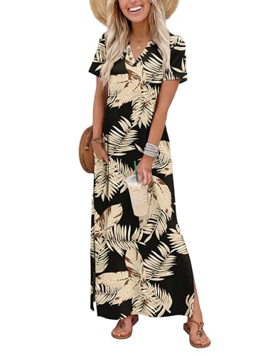 OFEEFAN Summer Dresses for Women 2026 Maxi Dress Short Sleeve Sundresses with Pockets Beach Vacation Spring Outfits - color: Beige Leaf, size: Large