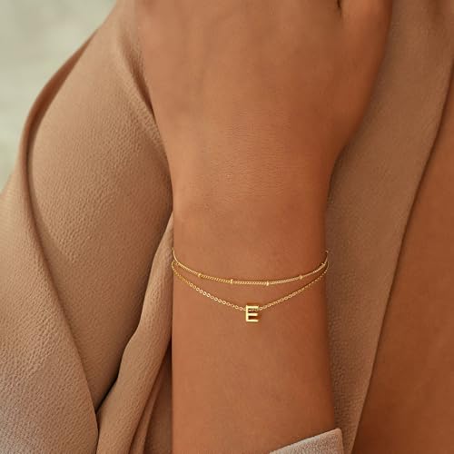 Turandoss Initial Bracelets for Mom Women, Dainty 18K Real Gold Plated Layered Letter A-Z Initial Bracelets Personalized 26 Alphabet Monogram Gold Bracelets for Women Birthday Jewelry Gifts Trendy - color: E