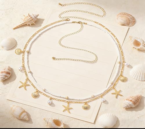 Gold Waist Chain for Women - 2Pcs Layered Body Chain Jewelry with Pearl Shell Beads, Adjustable Mermaid Belly Chain & Bohemian Waist Beads for Beach Summer Vacation Body Jewelry - style: white shell style