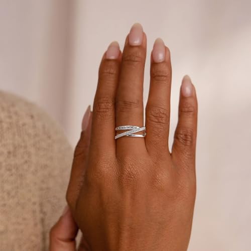 FISSEN JEWELRY Gold Rings for Women, Non Tarnish Dainty 14k Gold Plated Silver CZ Cross Ring Cute Cubic Zirconia Pinky Thumb Stackable Band Silver Finger Rings Size 6-10 Jewelry for Her - color: Silver Diamond Multi Layer