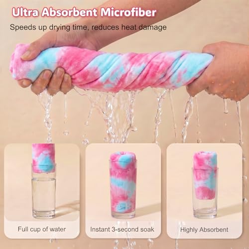 Basumee Microfiber Hair Towel Wrap for Kids 2 Pack Rapid Drying Hair Towel with Button Hair Turbans for Wet Hair Wraps Head Towel Wrap for Women and Girls - color: Pink Purple Tie-dye