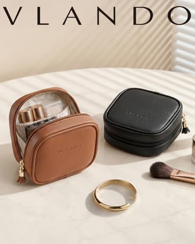 VLANDO Mini Makeup Bag, Small Makeup Bag for Purse with Slip-in Pockets, Portable Travel Toiletry Bag with Zipper, Waterproof Travel Essentials for Women-Dark Brown - color: Dark Brown