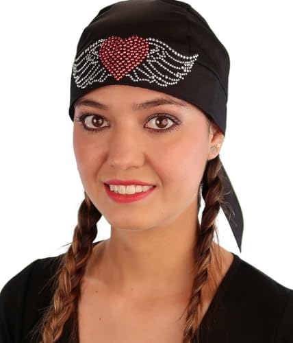 Sparkling EARTH - American Made Skull Caps Doo Rags Do Rag Durag Headwrap Head Wraps Skullies - Made in The USA! - color: Black Skull Cap With Large Heart and Wings Rhinestud Rhinestone