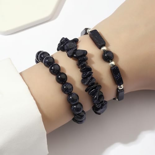 3Pcs Natural Stone Bracelets for Women 8mm Crystal Beaded Bracelets Handmade Stretch Bracelet Healing Crystal Jewelry for Women - style: Blue Sandstone