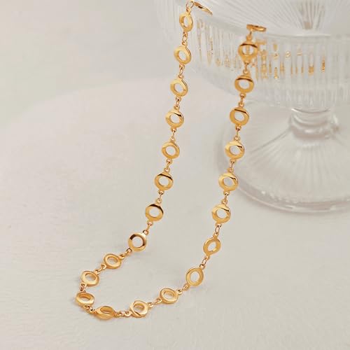 Aobei Pearl 18K Gold Plated Paperclip Chain Choker Satellite Chain Freshwater Cultured Biwa Pearl Pendant Necklace Dainty Turquoise Jewelry for Women - color: 18K Gold Plated Small Round Circle