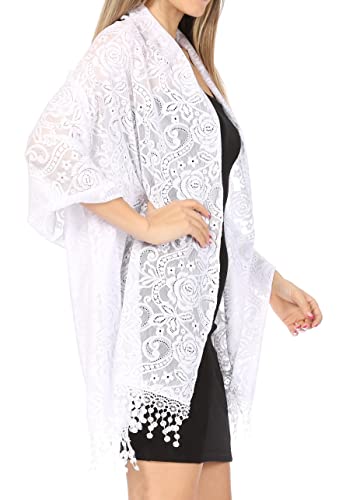 Sakkas Mari Women's Large Lightweight Soft Lace Scarf Wrap Shawl Floral and Fringe - color: Style10-white