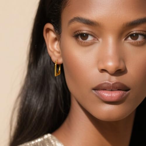 Gold Sculptural Hoop Earrings for Women, 14K Gold Plated Statement Earrings, Lightweight Hypoallergenic Jewelry for Sensitive Ears, Trendy Gift for Her - style: Square