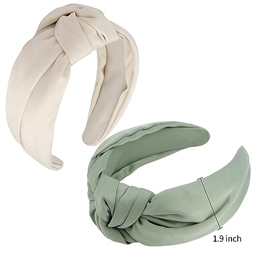 VELSCRUN White, Green 2 Pack Women's Satin Knotted Wide Non-Slip Elastic Turban Fashion Headbands for Hair Styling Accessories - color: Beige,Green