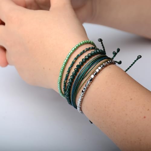 Mezcla Vida Handmade Waterproof Rope Bracelets Pack String & Beaded Bracelet Stack - Set of 5 Stackable Bracelets For Women, Summer Accessories & Bohemian Bracelets for Teen Girls - color: blackish green