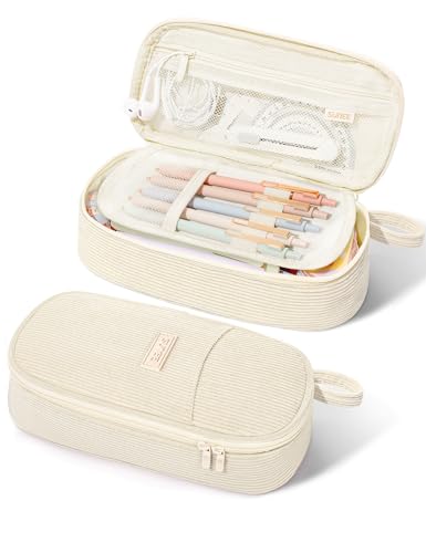 SUNEE Cute Pencil Case, Large Pencil Pouch, Aesthetic Big Pencil Bag with Zipper, Kawaii Stationery Storage and Organizer, School Supplies for Teen and Adult, Boys&Girls, Soft Corduroy Warm Beige - color: Warm Beige