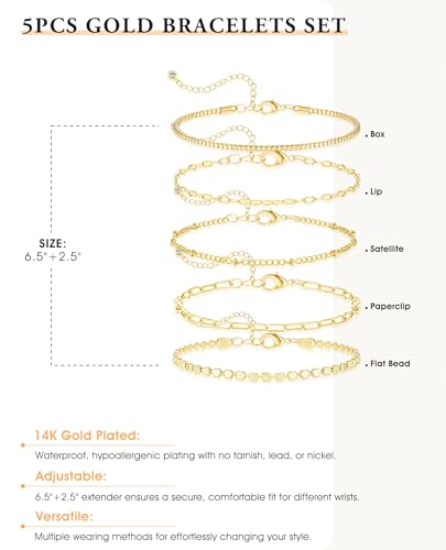 Dainty Gold Bracelets for Women, 14K Gold Plated Stackable Bracelet Set, Adjustable Beaded Cuban Paperclip Herringbone Figaro Snake Rope Chain Jewelry - style: Set2 Gold 5Pcs