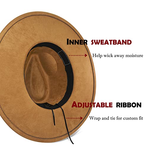 FLUFFY SENSE. Big Wide Brim Fedora Hat for Women - Nashville Outfits Western Hats Women's Felt Panama Rancher Hat - color: Caramel