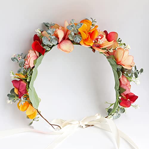 Vivivalue Fairy Flower Crown Floral Headband Elf Headpiece for Women Princess Halloween Cosplay Renaissance Wedding Party Bridal Photoshoot Orange - color: H