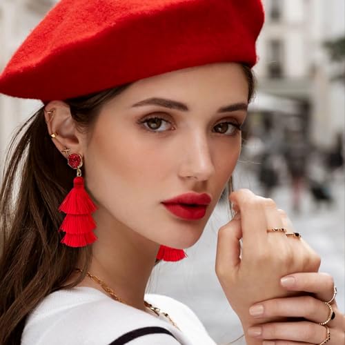 Me&Hz Colorful Layered Tassel Earrings Bohemian Statement Tiered Tassel Big Dangle Drop Earrings for Women Druzy Studs Valentine’s Day Gift - color: 01 Red