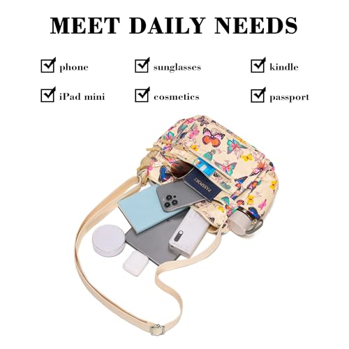 AOCINA Crossbody Bags for Women Multi Pocket Nylon Lightweight Ladies Purses Messenger Shoulder Handbags Satchel Travel Bag - color: Beige Butterfly, size: Small