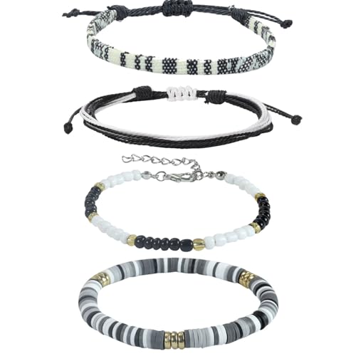 Beach Bracelet Set for Men and Women, Surfer Men Bracelet, Braided Boho Summer Bracelets Adjustable Men's Bracelet Handmade Women Bracelet String Rope Ankle Bracelets Birthday Gift - style: 4pcs Boho Bracelets Ankles Black
