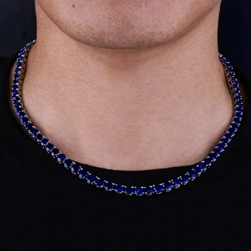 Savlano 18K Gold Plated Cubic Zirconia Round 4.5MM Classic Tennis 18 Inches Chain Necklace For Women & Men Comes With a Gift Box - color: White Gold-Blue CZ