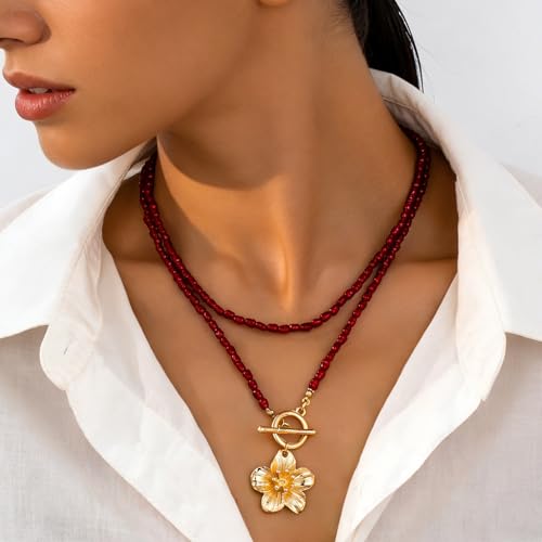Red Beaded Necklace for Women Choker Gold Toggle Clasp Layered Stack Dainty Statement Western Boho Trendy Summer Vacation Necklaces Birthday Jewelry Gifts - color: B1:Red Beaded Necklace
