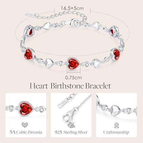 925 Sterling Silver Birthstone Heart Bracelet Jewelry Gift for Women | Rose Gold Plated Bracelets,Hypoallergenic,Adjustable Chain Personalized Anniversary Christmas Jewelry Gift for Mom Wife - color: Sterling Silver-01-Jan & 07-Jul