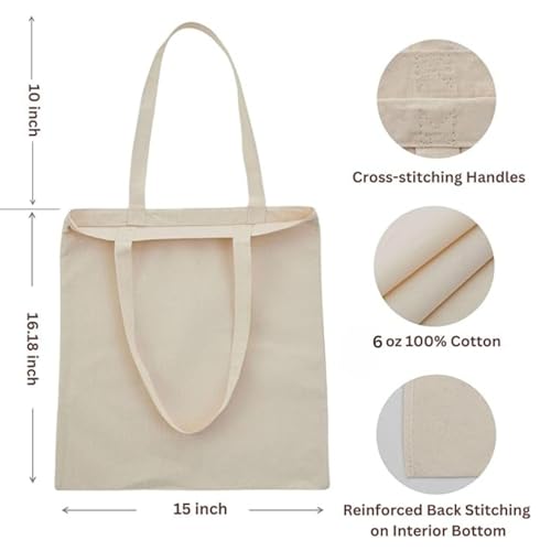 Canvas Tote Bags 15x16 – 2 | 6 | 12 Pack Reusable Cotton Totes for Grocery, Crafts, DIY, Painting - color: Beige