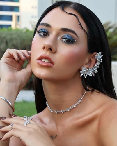 Rhinestone Silver Full Ear Cuff Earrings for Women Ear Clip Wrap Statement Climber Crawler Earrings for Women Hypoallergenic Silver Wedding Jewelry Gifts - color: Leaf Silver